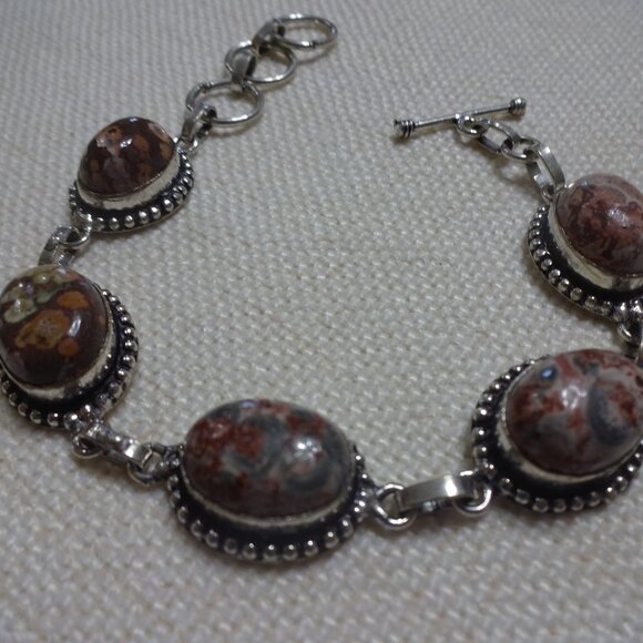 Natural LEOPARD JASPER Handmade Sterling Bracelet Size 8" #826B - Picture 2 of 3